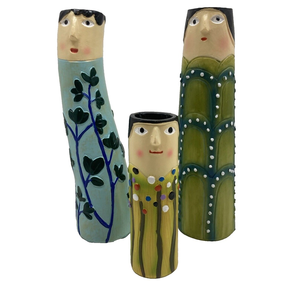 Unique 3 Collectible Family Spring Bud Vase Boho Design Blue Green Hand Painted